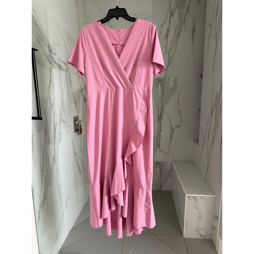 High-Low Ruffle Faux Wrap Dress, Pink, Medium - Picture 1 of 7